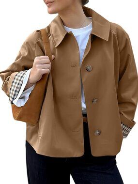 Women's Cropped Trench Coat Spring Fashion Jackets Outfit Single Breasted Khaki